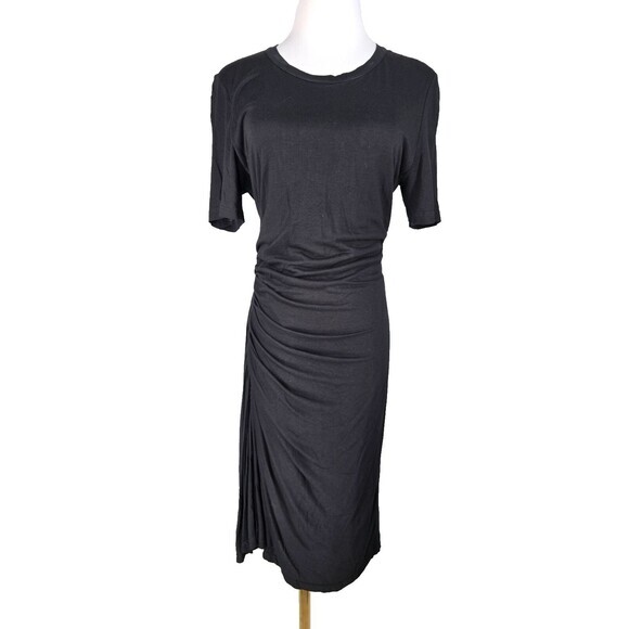 $495 A.L.C.‎ Black Ruched Midi LARGE Curvy Knee Length Designer Shirt dress - Picture 1 of 10